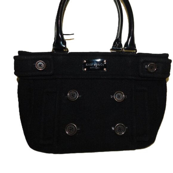 Kate Spade Black Wool Button Tote Bag With Patent Leather Handles & Lined In - Picture 4 of 12